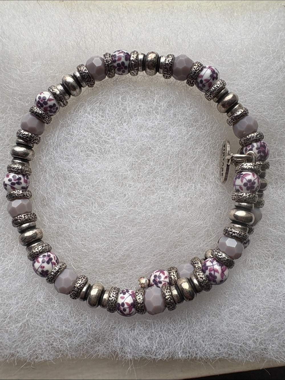 Alex and Ani Beaded Floral Accent Stretch Bracelet - Purple & Silver